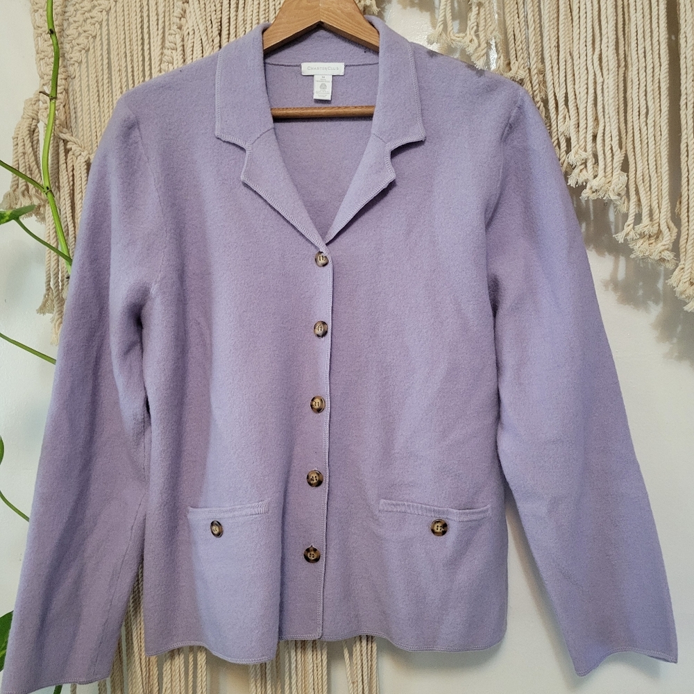 Charter Club 100% Merino Wool Lavender Collared Cardigan